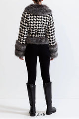natividad Houndstooth Wool Belted Coat with Fur