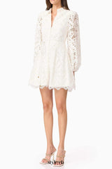 lapel hollow embroidery puff sleeve mini dress in white