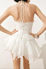 astrid Halter neck 3D flower lace puffy mini dress in white