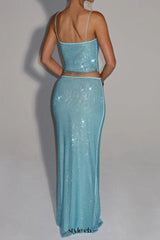 melissa sequin tube top maxi skirt suit in blue