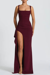 pleated high slit Stretch crepe maxi dress in burgundy