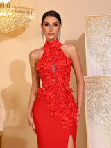 celeste 3d flower halter high slit backless maxi Dress in red