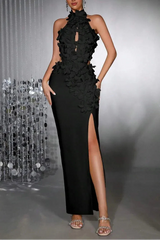 celeste 3d flower halter high slit backless maxi Dress in black