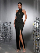 celeste 3d flower halter high slit backless maxi Dress in black