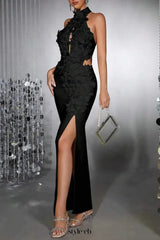 celeste 3d flower halter high slit backless maxi Dress in black