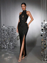 celeste 3d flower halter high slit backless maxi Dress in black