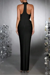 celeste 3d flower halter high slit backless maxi Dress in black