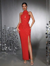 celeste 3d flower halter high slit backless maxi Dress in red