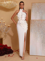 celeste 3d flower halter high slit backless maxi Dress in white