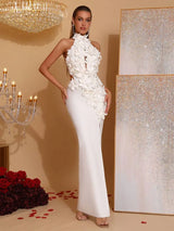 celeste 3d flower halter high slit backless maxi Dress in white