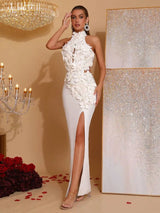 celeste 3d flower halter high slit backless maxi Dress in white