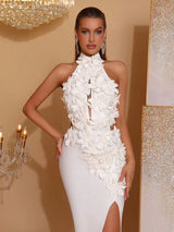 celeste 3d flower halter high slit backless maxi Dress in white