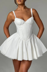 lace ruffle trim corset mini dress in white