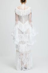 sylvia Sheer lace trumpet sleeve maxi dress in white