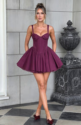 lace ruffle trim corset mini dress in purple