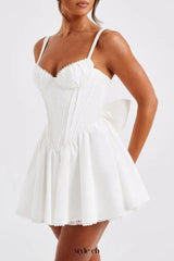 lace ruffle trim corset mini dress in white