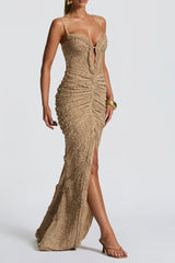 slit pleated bodycon maxi dress in ivory