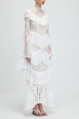 sylvia Sheer lace trumpet sleeve maxi dress in white