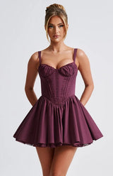 lace ruffle trim corset mini dress in purple