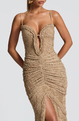 slit pleated bodycon maxi dress in ivory