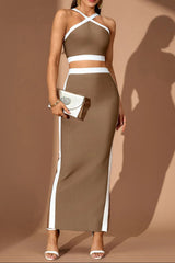 cora White Striped Patchwork Maxi Bandage Set - brown