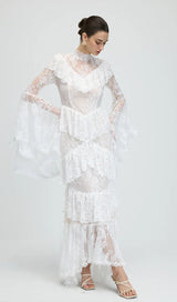 sylvia Sheer lace trumpet sleeve maxi dress in white