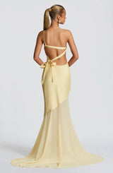 Lace-up beveled back satin maxi dress in lemon yellow
