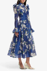 joyce Butterfly Sleeve Midi Dress - Midnight Magnolia Print