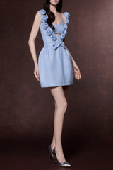 chaya Pastel Blue 3d flower Ribbon Mini Dress