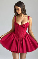 lace ruffle trim corset mini dress in red