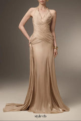 Corset Waist Silk Blend halter Floor Length Dress in champagne