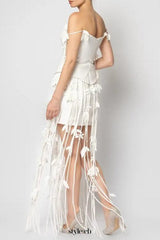 hilary white flower tassel strapless mini dress