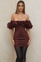 burgundy satin ruffle strapless mini dress