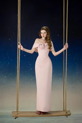 leona Sheath Asymmetric Shoulder Taffeta Ankle maxi Dress in pink