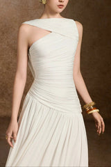 leona A-line Asymmetric Neck Spandex Ankle Length Dress