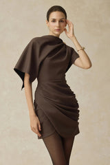 agatha Asymmetric Sleeve Draped Mini Dress in brown