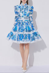 sabrina Lace-paneled printed lantern sleeves mini dress in blue