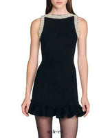 simona ruffle trim Beaded mini Dress in black