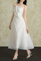 Strapless Layered Organza Midi Dress in white