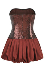 Strapless Sequin Bubble Mini Dress in brown