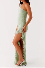 one-shoulder slit ruffle trim Maxi Dress in Sage green