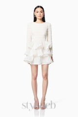 Ruffle trim Long Sleeved Mini Dress in white
