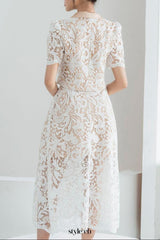 leona Cropped Peak Lapel Lace top skirt set in white