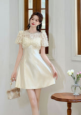 Floral Lace Puff Sleeve A-Line mini Dress in apricot