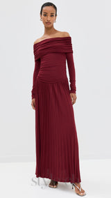 sara bodycon strapless long sleeve maxi dress in burgundy