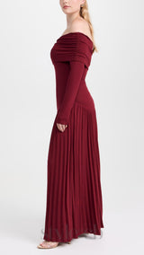 sara bodycon strapless long sleeve maxi dress in burgundy