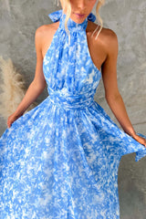 simona Sleeveless printed backless mini dress in blue