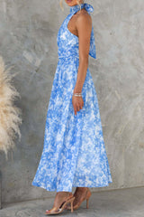 simona Sleeveless printed backless mini dress in blue