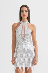 setlla Shimmering Sequin Cutouts Feathers Mini Dress - Silver