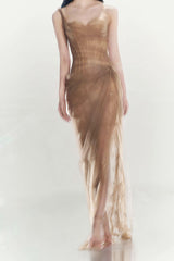 ONE SHOULDER MESH RUCHED MIDI DRESS